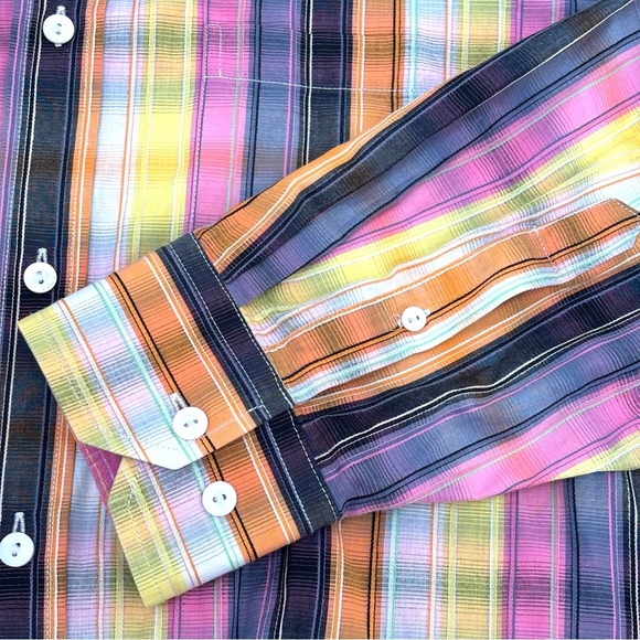 Bugatchi Uomo Men's Embroidered Flip Cuff Colorful Plaid Button Up Shirt XL - Picture 8 of 15